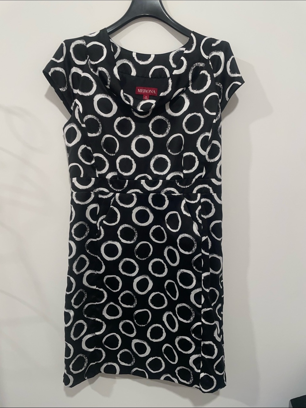 Merona Black Dress with White Circle Print, Cap Sleeves